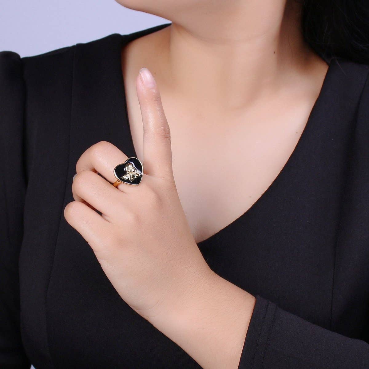 Chunky Cherub Angel Ring | Gold Plated Enamel Heart Statement Ring, Adjustable Open Band