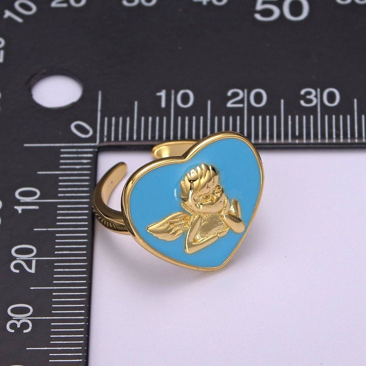 Chunky Cherub Angel Ring | Gold Plated Enamel Heart Statement Ring, Adjustable Open Band