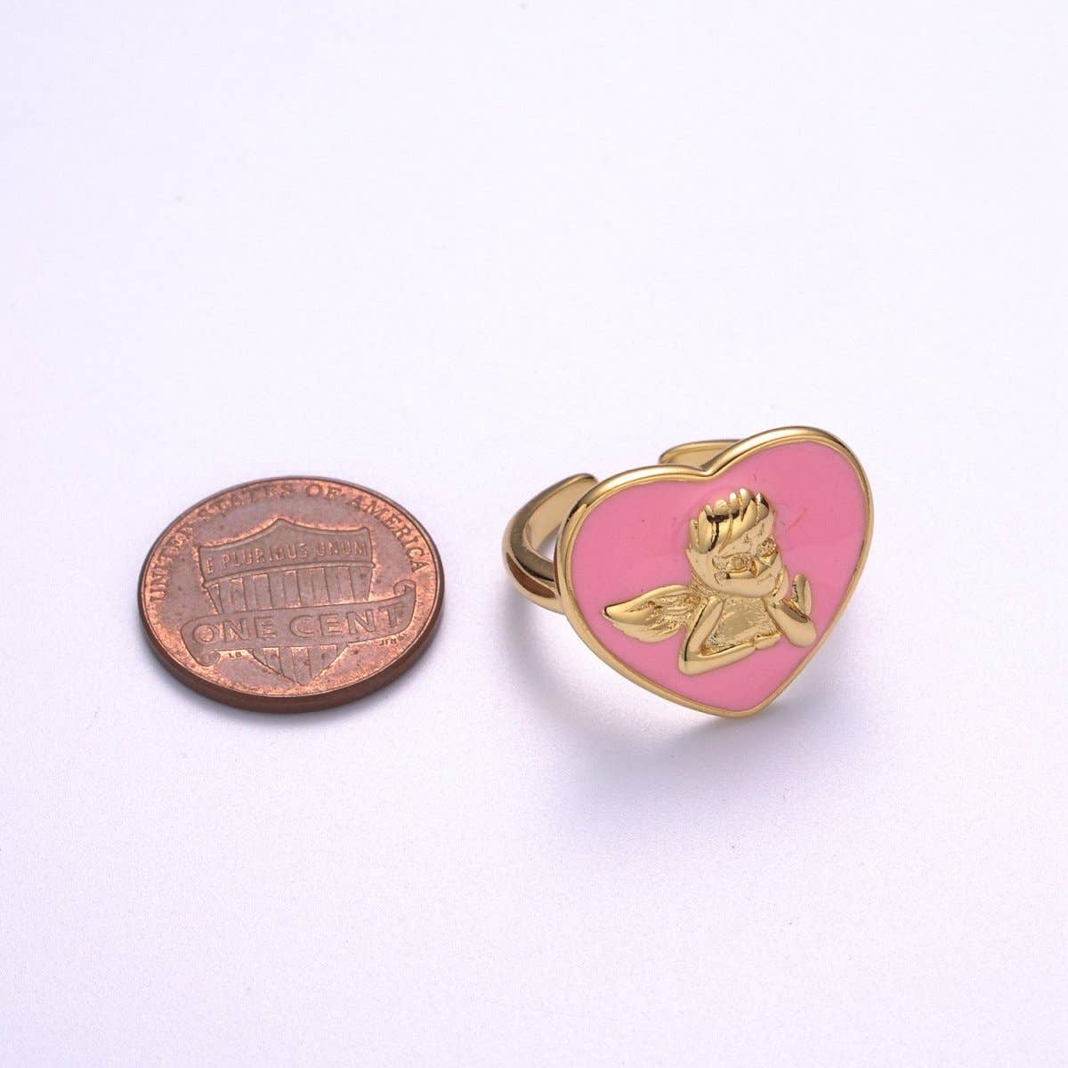 Chunky Cherub Angel Ring | Gold Plated Enamel Heart Statement Ring, Adjustable Open Band