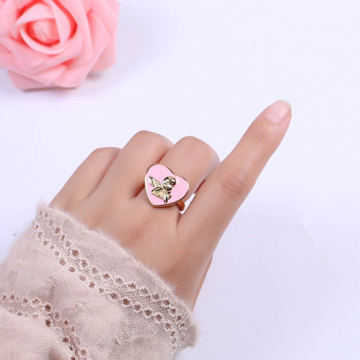 Chunky Cherub Angel Ring | Gold Plated Enamel Heart Statement Ring, Adjustable Open Band