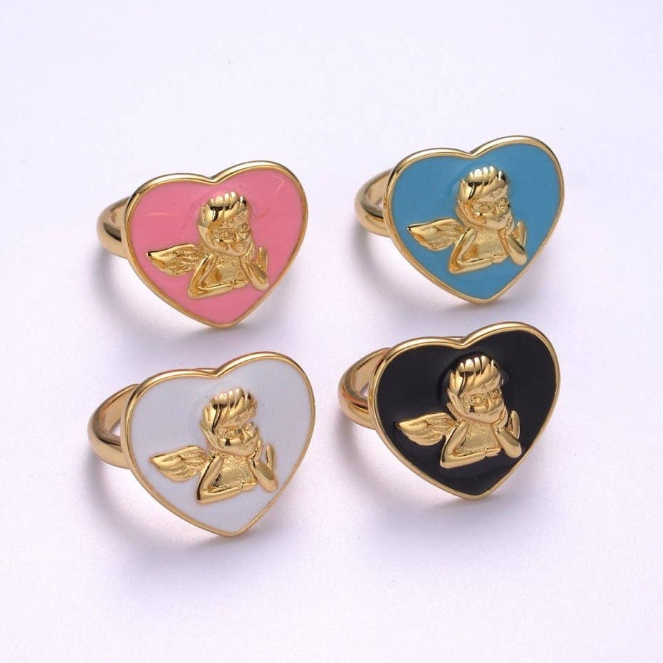 Chunky Cherub Angel Ring | Gold Plated Enamel Heart Statement Ring, Adjustable Open Band