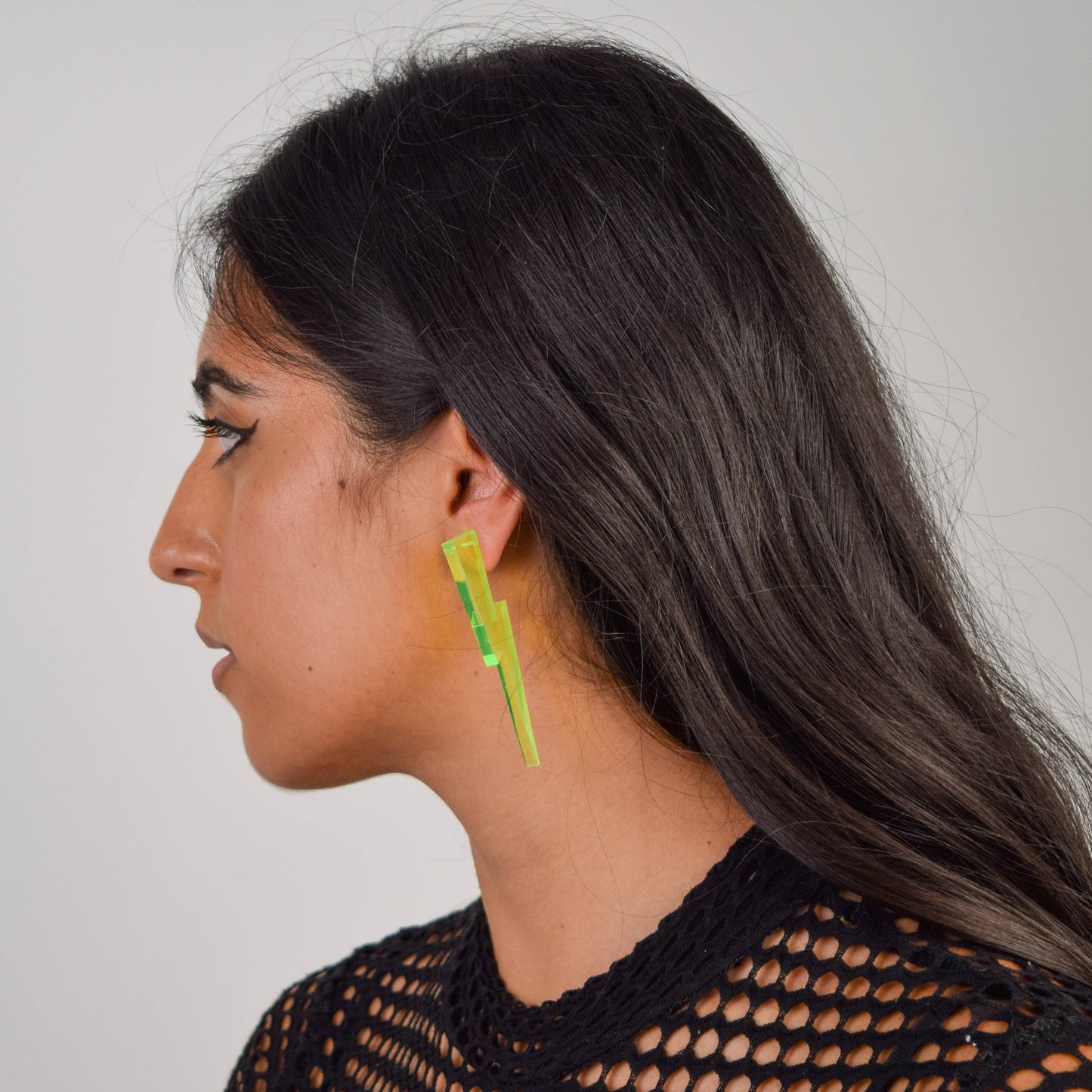Chunky Statement Lightning Bolt Earrings in Black Light Reactive Clear Green | 80s Vibes Jewelry