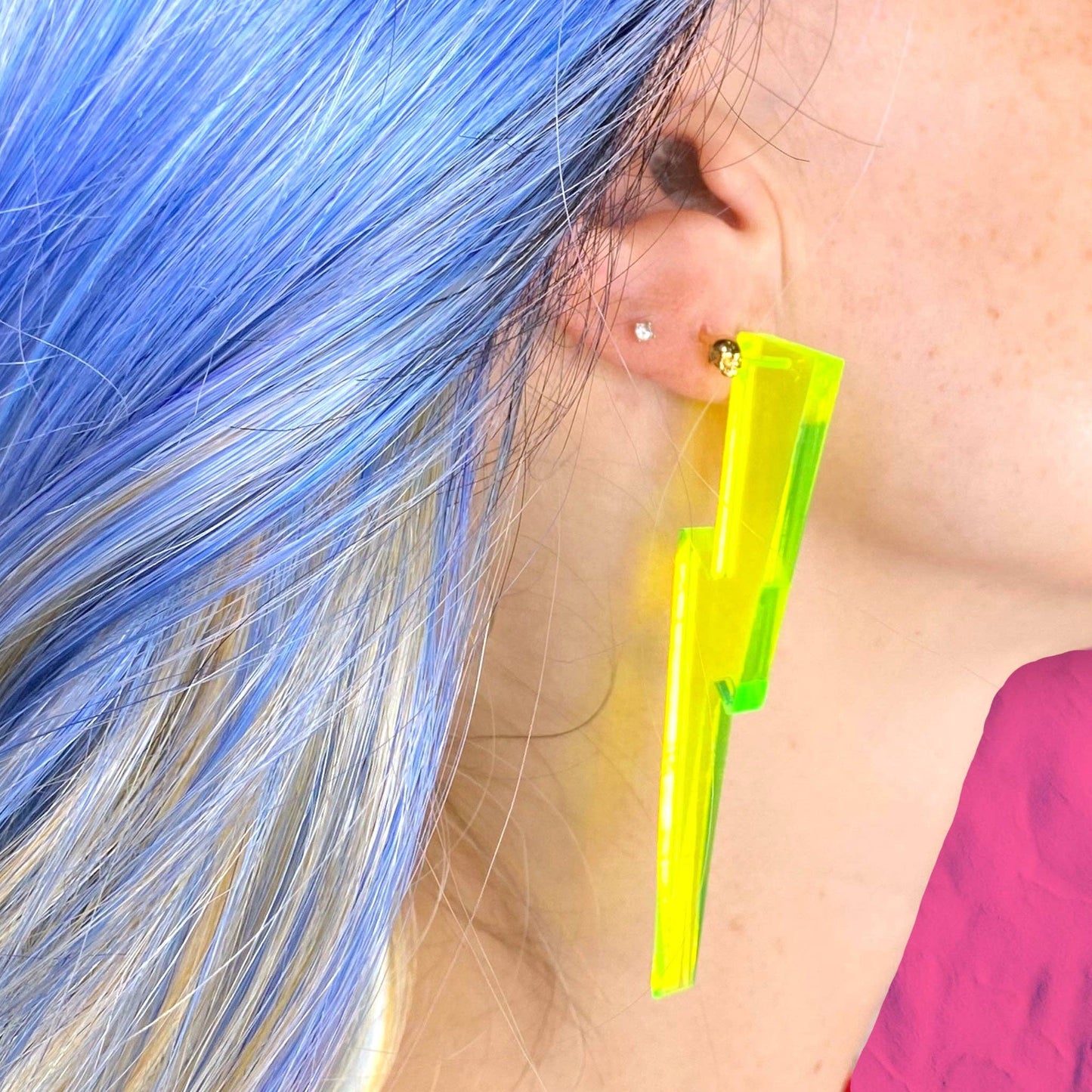 Chunky Statement Lightning Bolt Earrings in Black Light Reactive Clear Green | 80s Vibes Jewelry