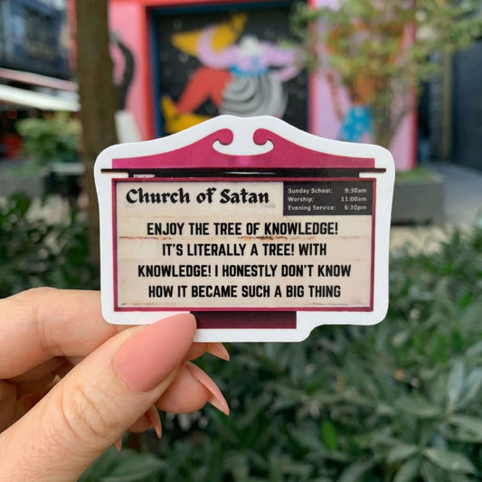 Church of Satan Funny Sticker | Sarcastic "Enjoy the Tree of Knowledge" Parody Sticker