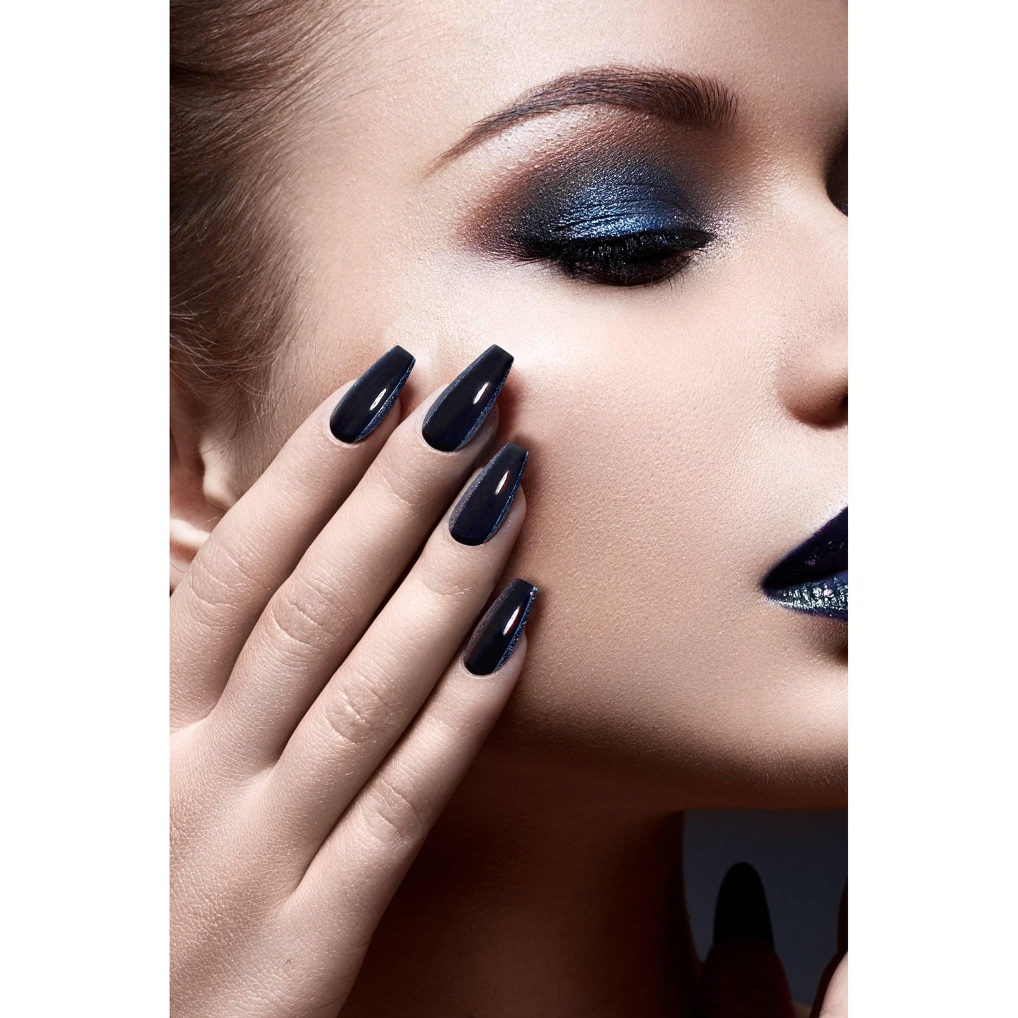 City Night Press-On Nails | Black with Navy Glitter Glossy & Reusable
