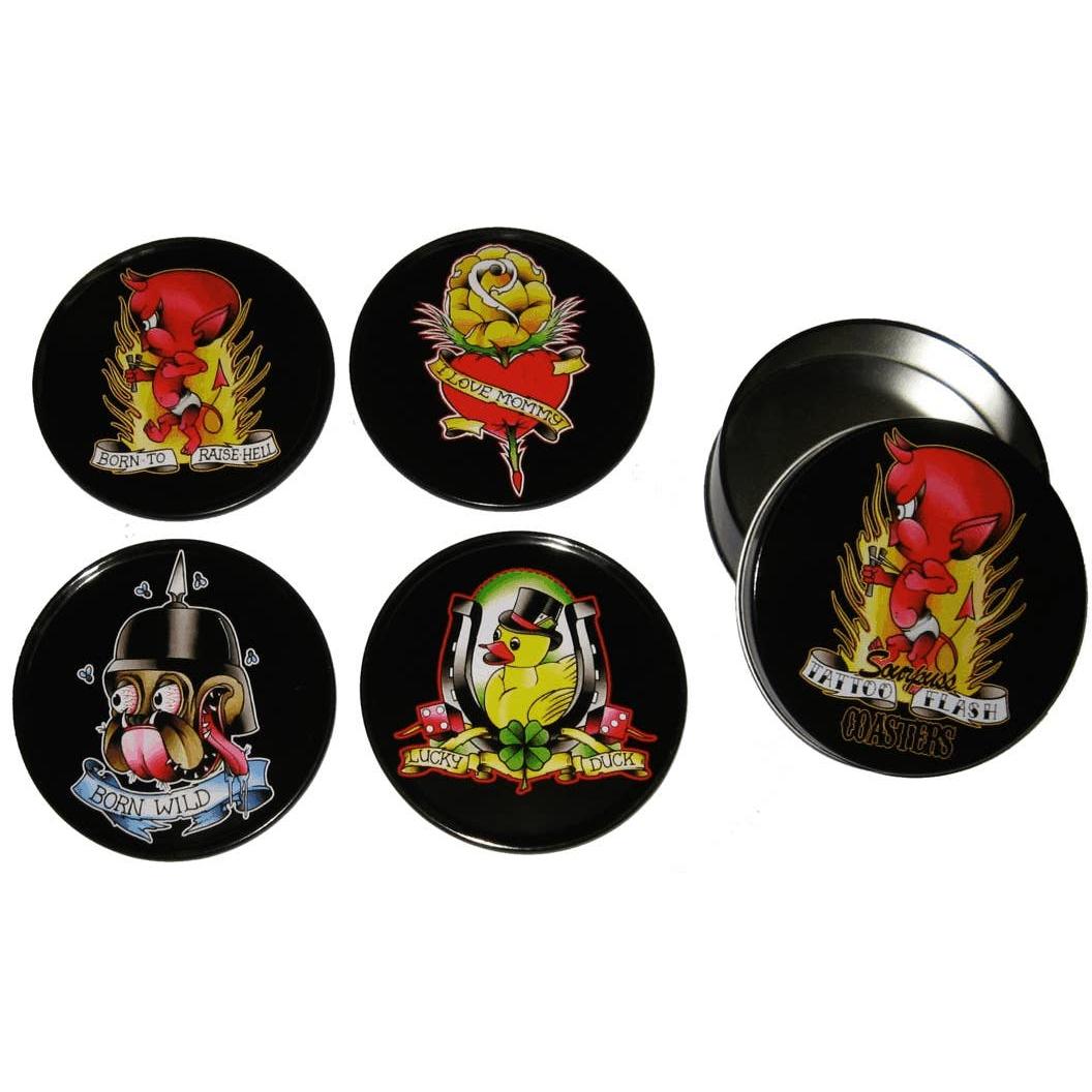 Set of four black coasters and a metal container with colorful designs on a white background