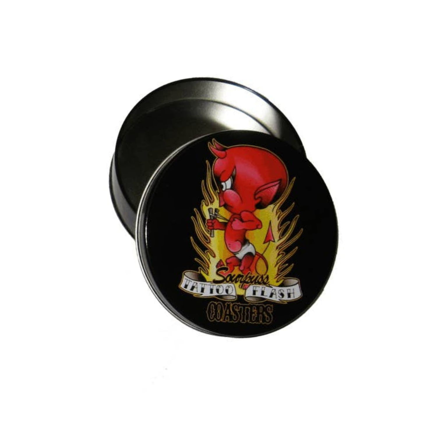 Classic Tattoo Coaster Set | Metal & Cork Retro Round Coasters in Gift Tin