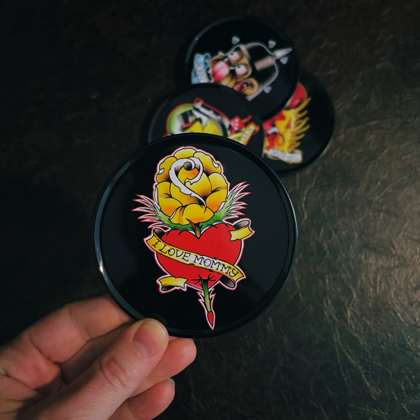 Classic Tattoo Coaster Set | Metal & Cork Retro Round Coasters in Gift Tin