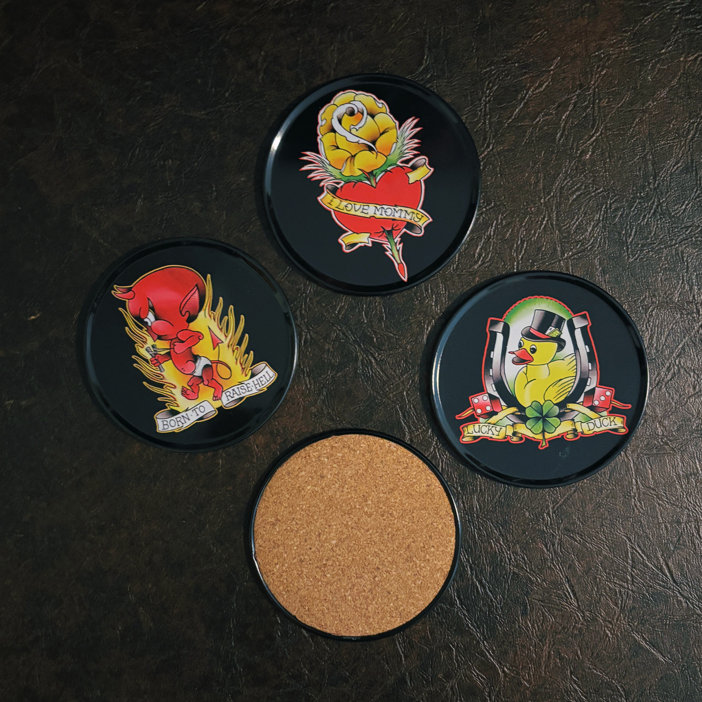 Classic Tattoo Coaster Set | Metal & Cork Retro Round Coasters in Gift Tin