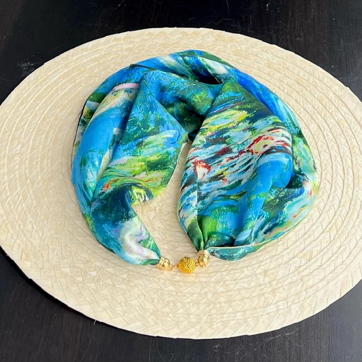 Claude Monet Water Lilies Pre-Tied Necklace Style Scarf with Magnetic Closure