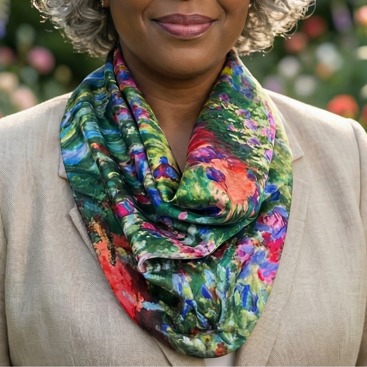 Claude Monet Water Lilies Pre-Tied Necklace Style Scarf with Magnetic Closure