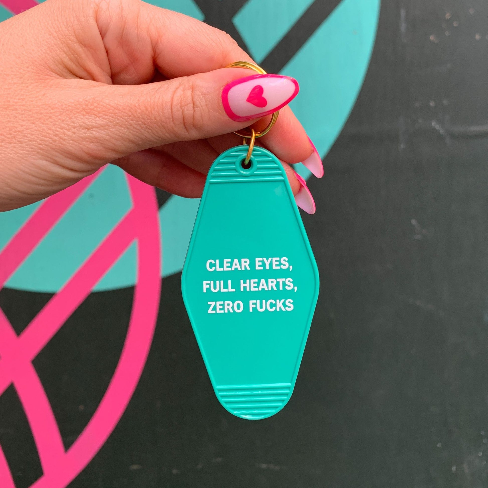 Clear Eyes, Full Hearts, Zero Fucks Motel Style Keychain In Green