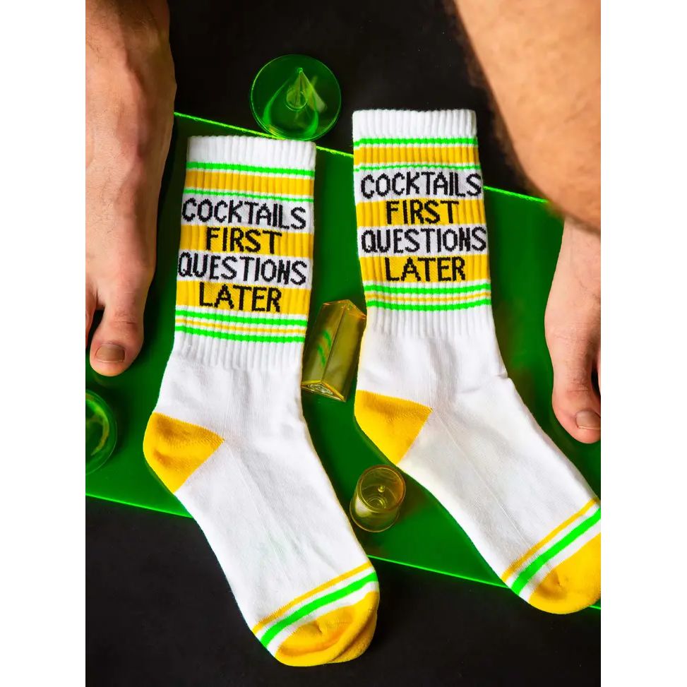 Cocktails First Questions Later Gym Crew Socks | Bleach White Funny Cotton Socks | Unisex