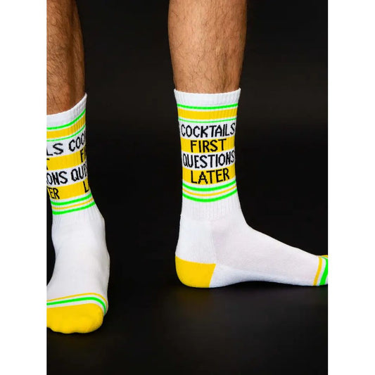 Cocktails First Questions Later Gym Crew Socks | Bleach White Funny Cotton Socks | Unisex