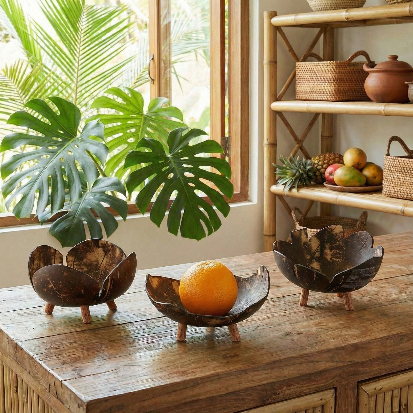 Coconut Bowls in Set of 3 | Decorative Boho Rustic Footed Bowls