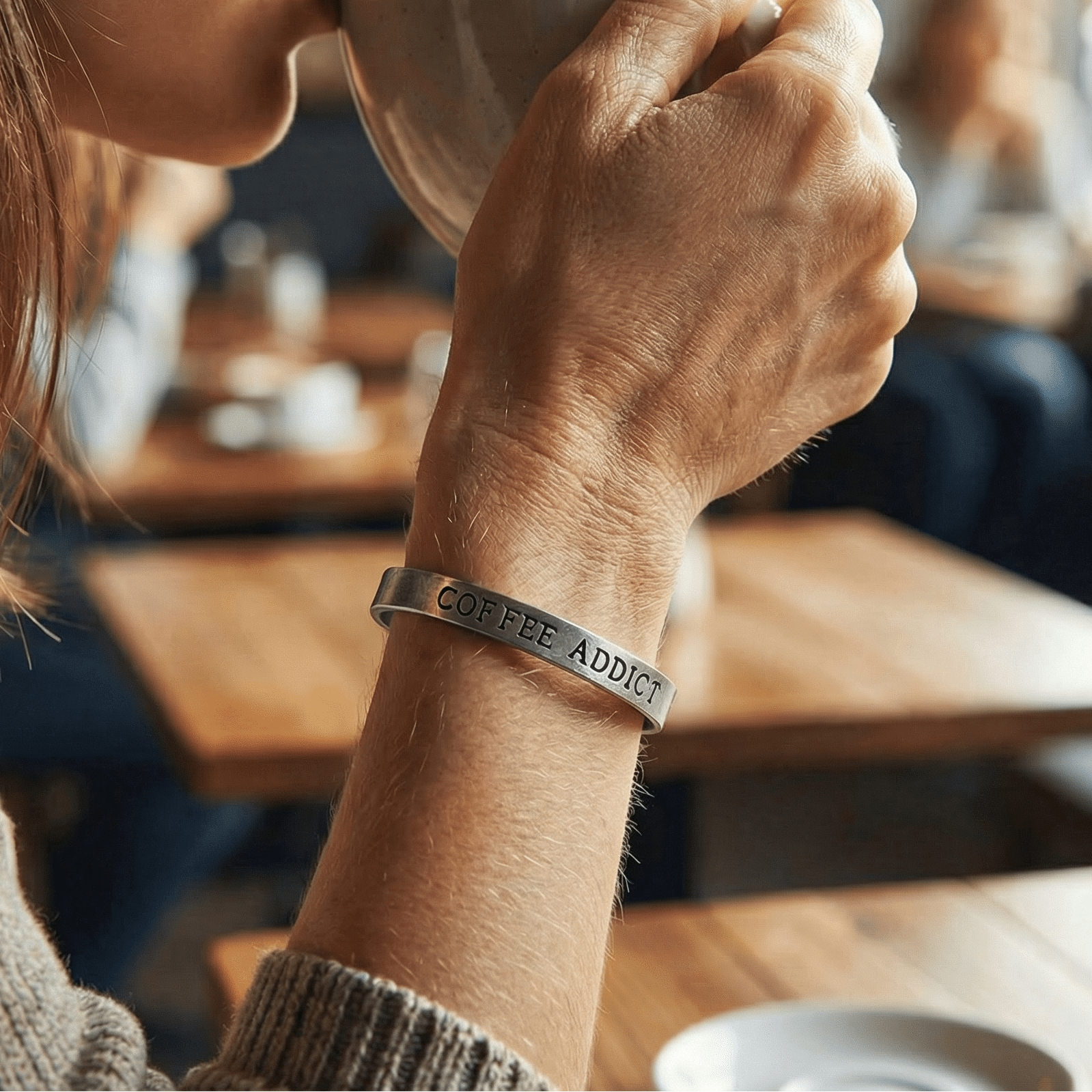 Person drinking from a coffee cup with a blurred cafe background