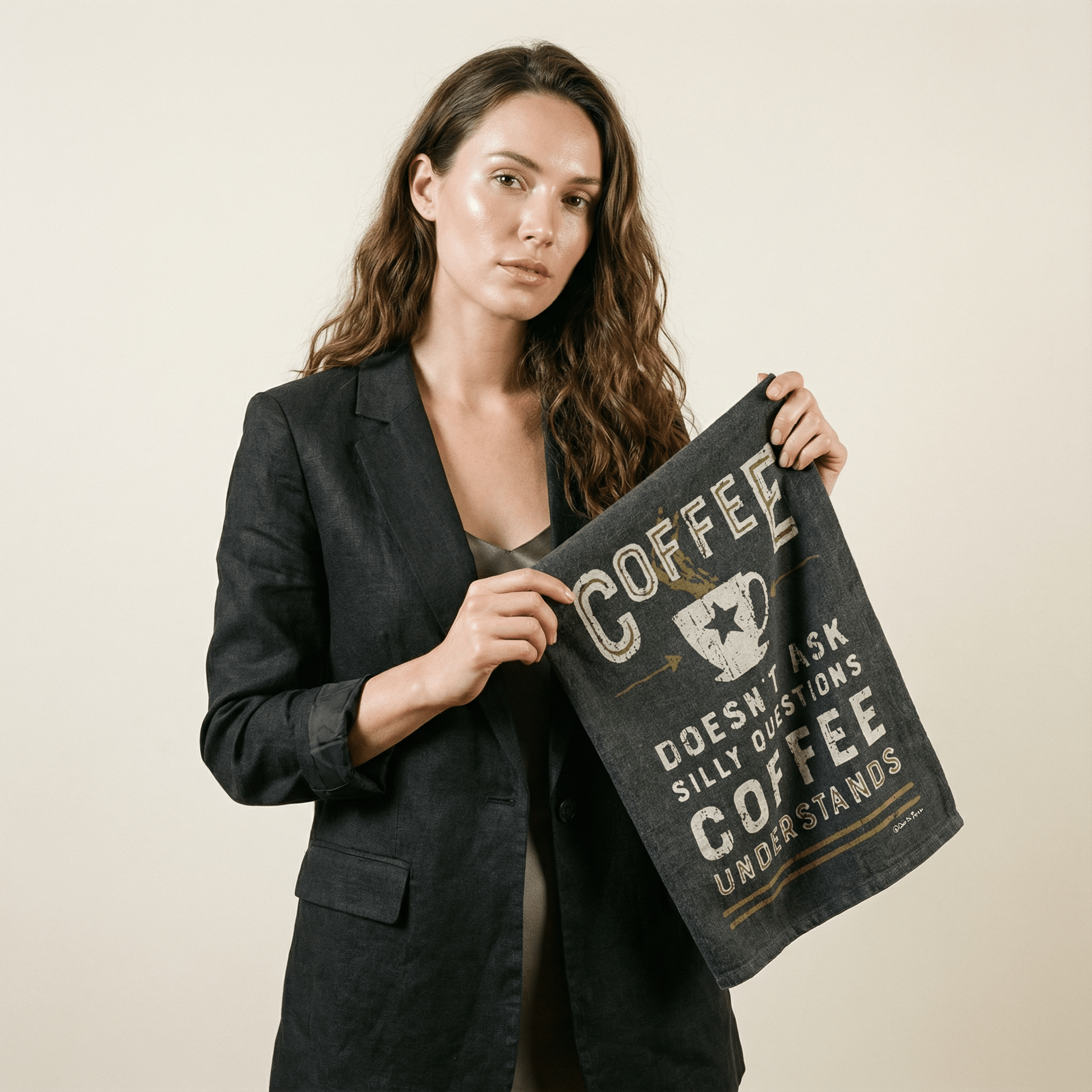 Woman holding a black towel with text and graphics on a beige background