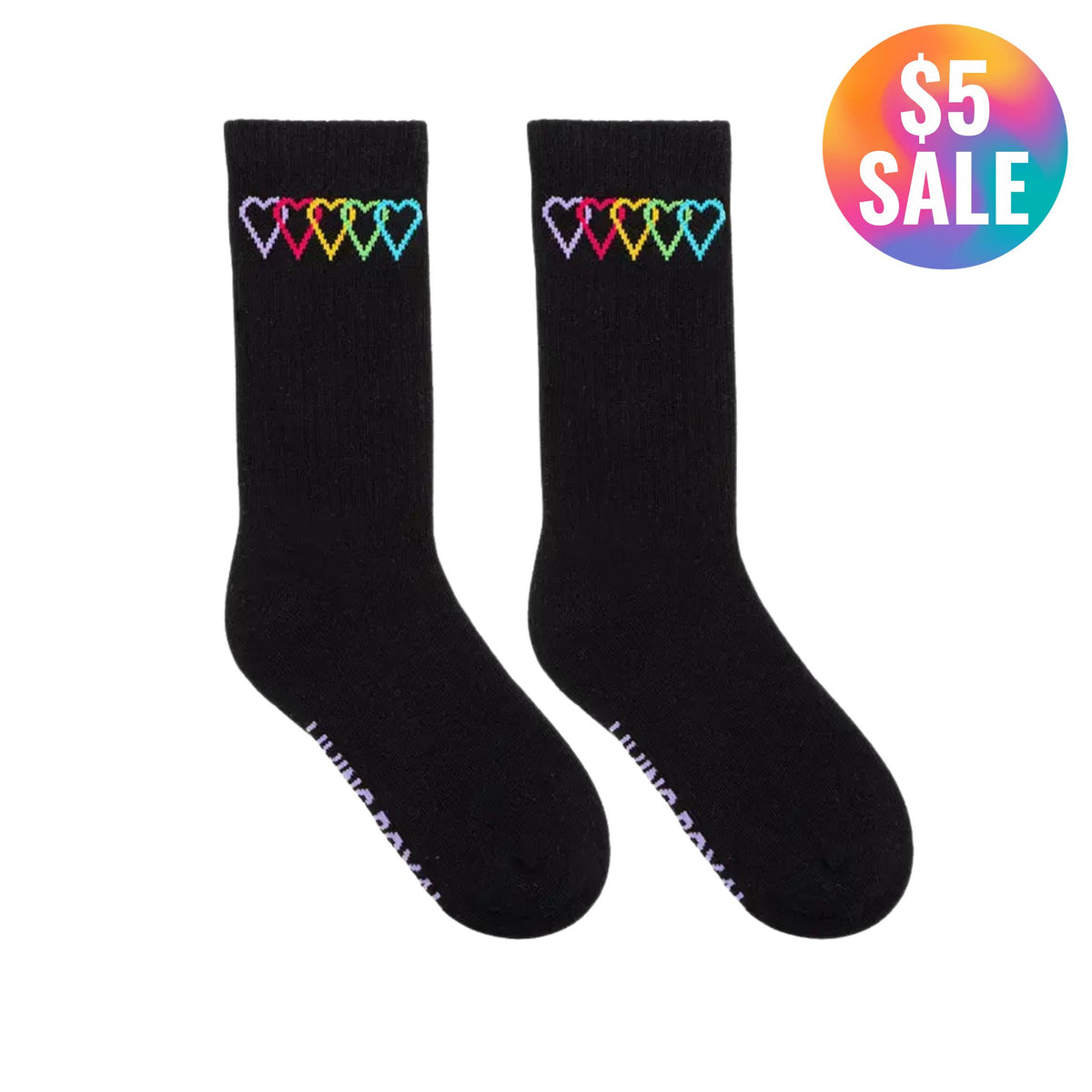 Colored Hearts Black Classic Crew Socks wit Ribbed Tubing | Seamless Toe Seam Novelty Socks
