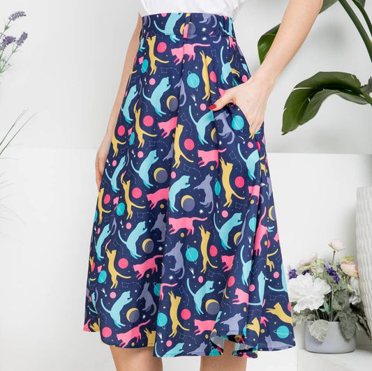 Colorful Cat Print Skirt | Cat Lovers Midi Printed Fashion Skirt (S-XL)