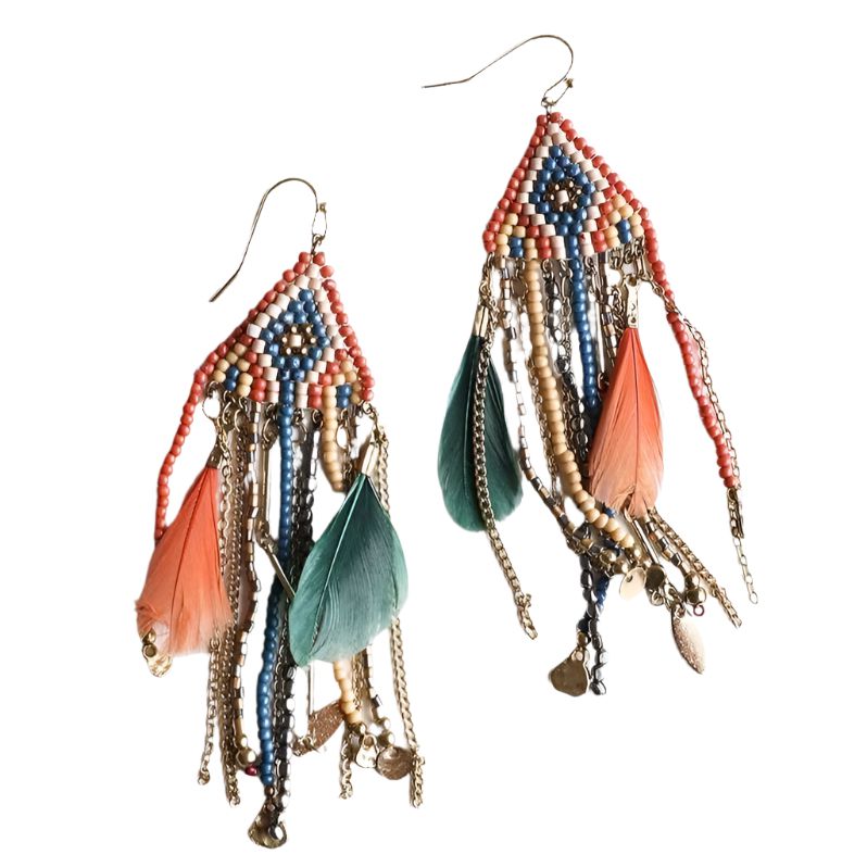 Colorful Mixed Bead Feather Dangle Earrings 🪶 Boho Earrings Fashion Jewelry