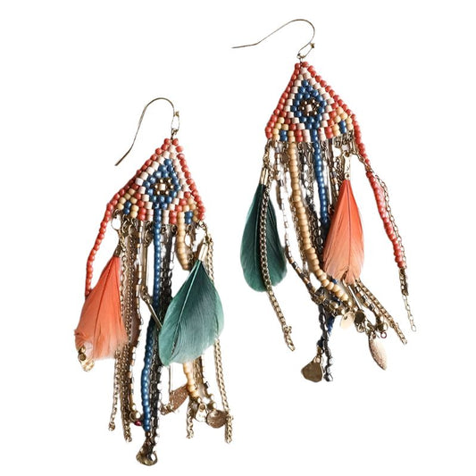 Colorful Mixed Bead Feather Dangle Earrings 🪶 Boho Earrings Fashion Jewelry