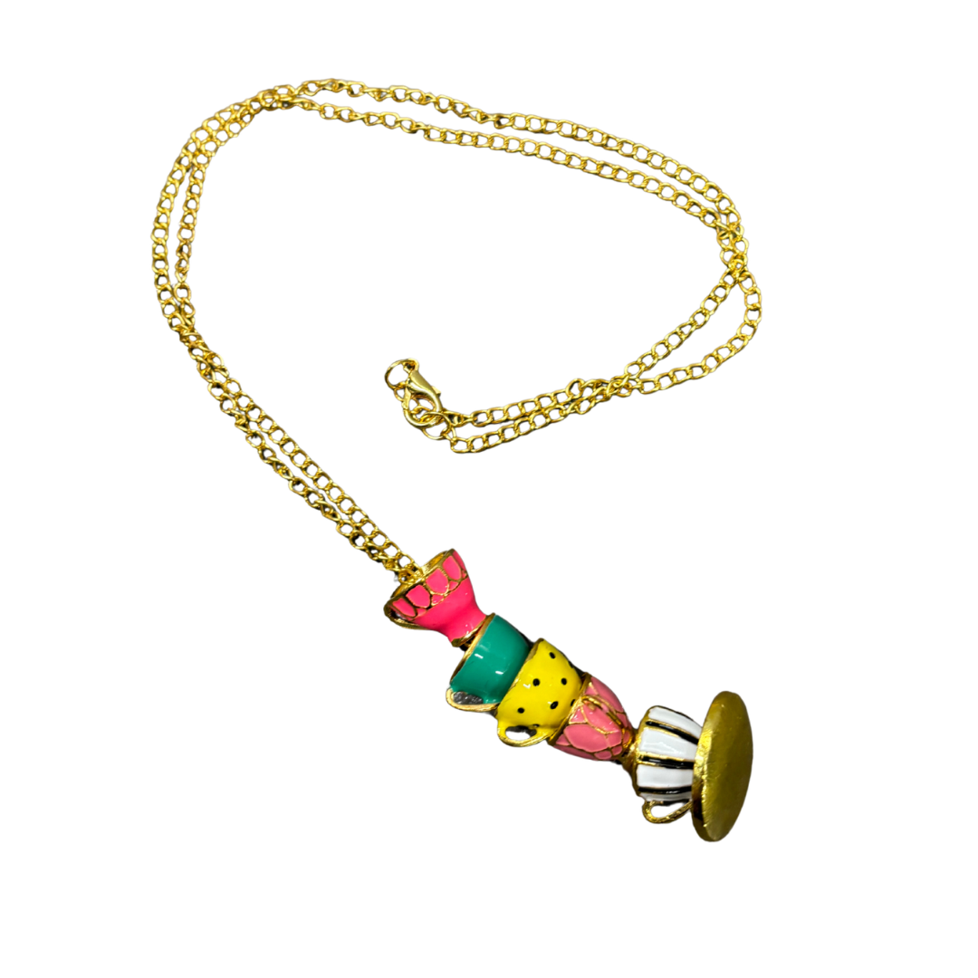Colorful Teacups Necklace | 5 Stacked Enamel Teacup Charms | Fidget Slider | 50cm Gold Chain