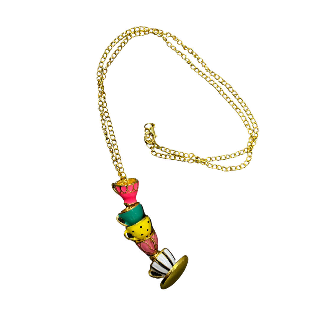 Colorful Teacups Necklace | 5 Stacked Enamel Teacup Charms | Fidget Slider | 50cm Gold Chain