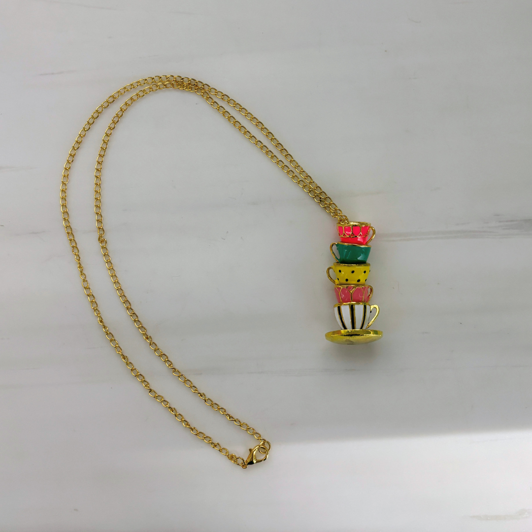 Colorful Teacups Necklace | 5 Stacked Enamel Teacup Charms | Fidget Slider | 50cm Gold Chain