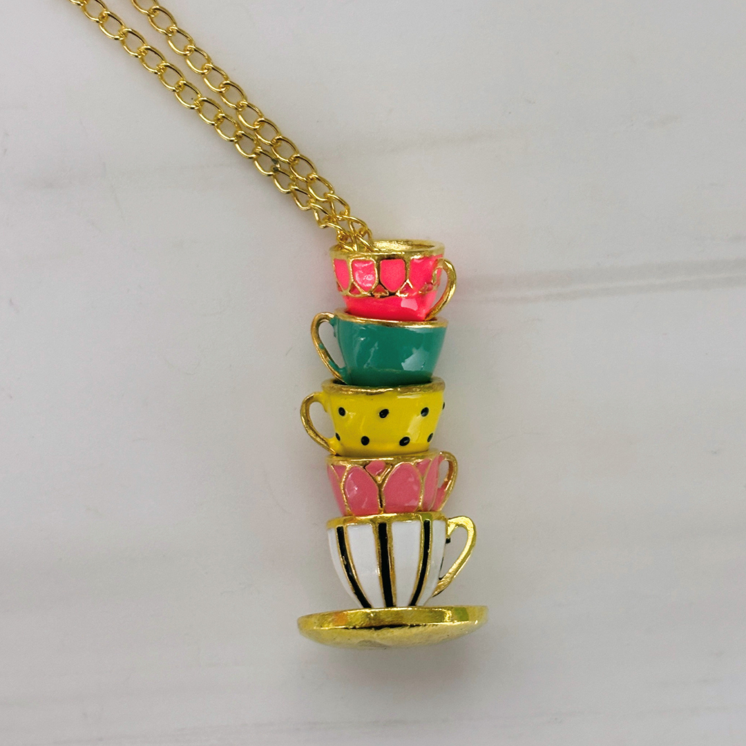 Colorful Teacups Necklace | 5 Stacked Enamel Teacup Charms | Fidget Slider | 50cm Gold Chain