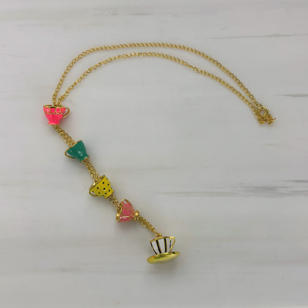 Colorful Teacups Necklace | 5 Stacked Enamel Teacup Charms | Fidget Slider | 50cm Gold Chain