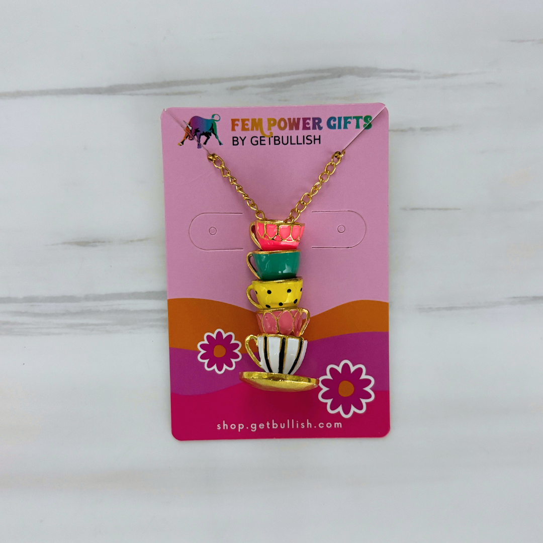 Colorful Teacups Necklace | 5 Stacked Enamel Teacup Charms | Fidget Slider | 50cm Gold Chain