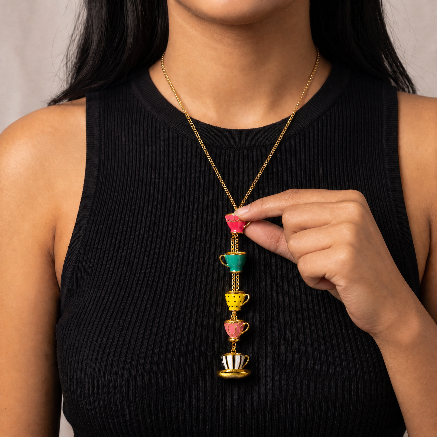 Colorful Teacups Necklace | 5 Stacked Enamel Teacup Charms | Fidget Slider | 50cm Gold Chain