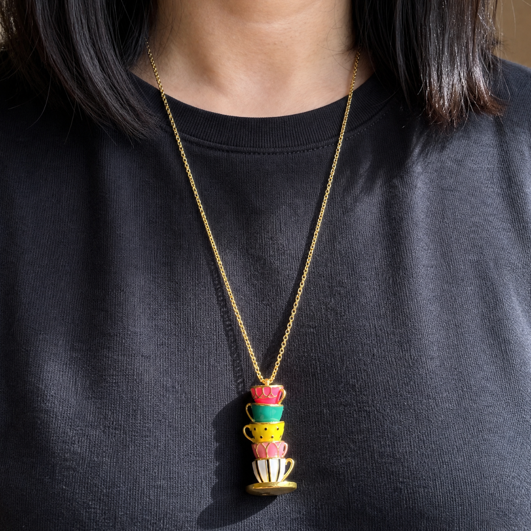 Colorful Teacups Necklace | 5 Stacked Enamel Teacup Charms | Fidget Slider | 50cm Gold Chain