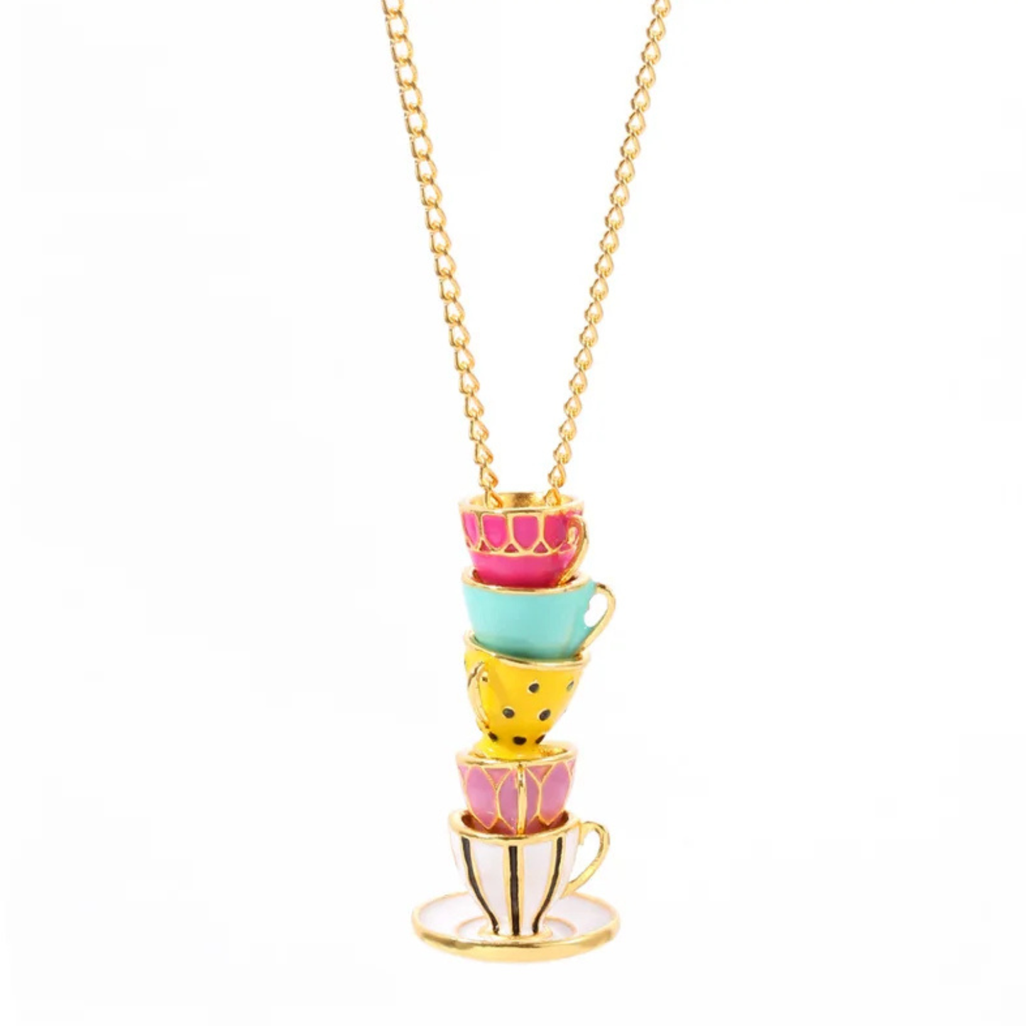 Colorful Teacups Necklace | 5 Stacked Enamel Teacup Charms | Fidget Slider | 50cm Gold Chain