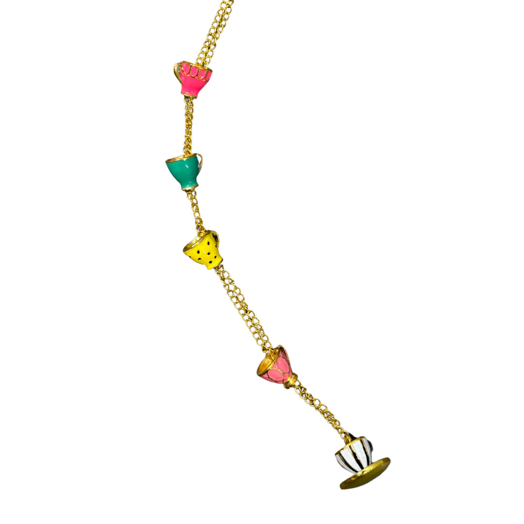 Colorful Teacups Necklace | 5 Stacked Enamel Teacup Charms | Fidget Slider | 50cm Gold Chain