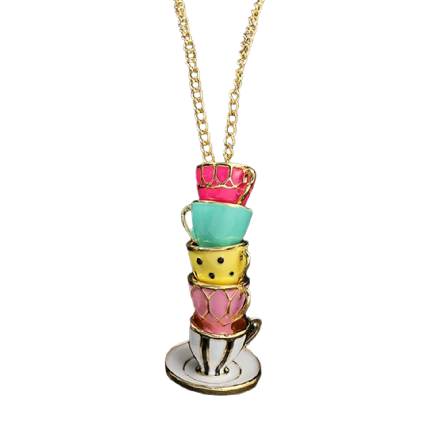 Colorful Teacups Necklace | 5 Stacked Enamel Teacup Charms | Fidget Slider | 50cm Gold Chain