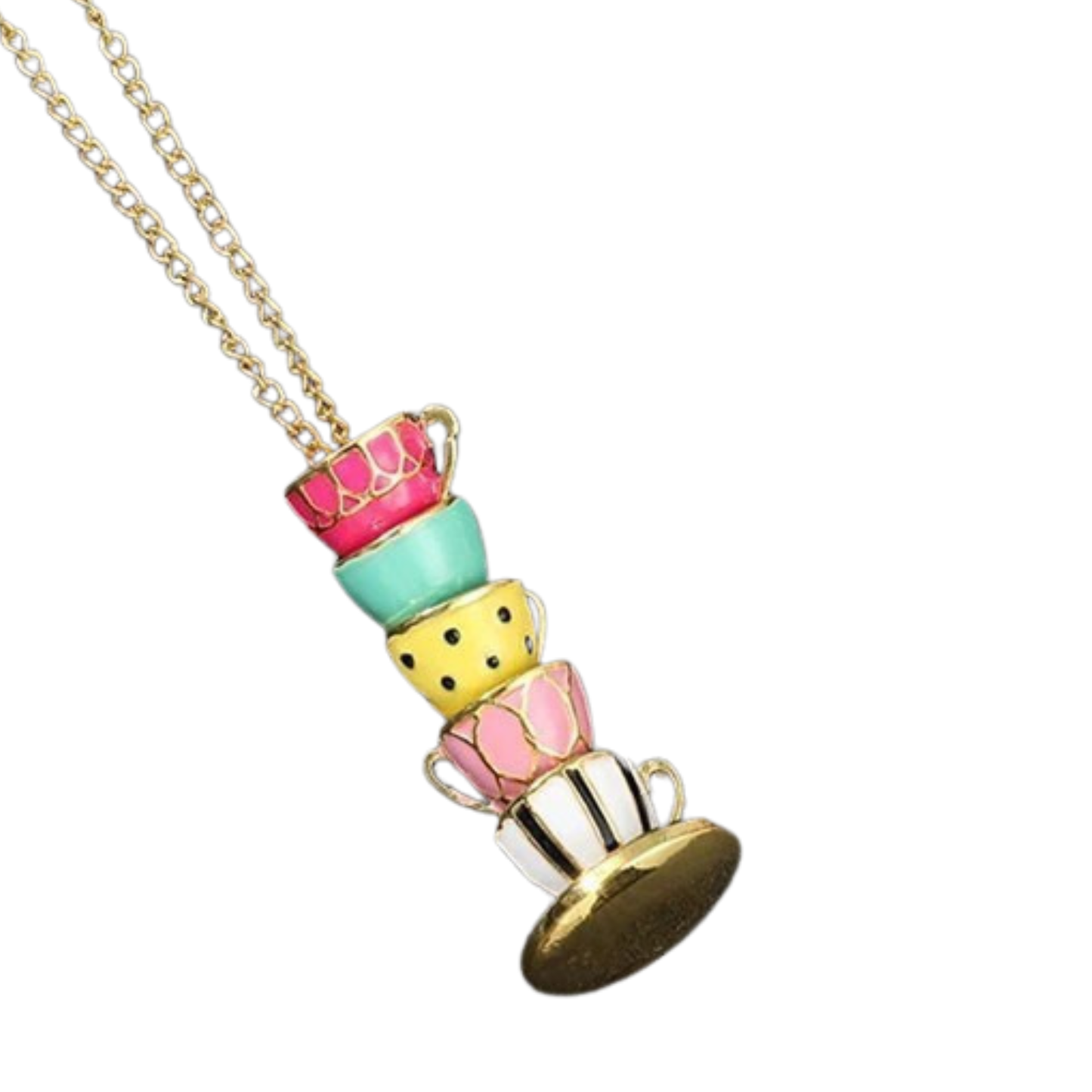 Colorful Teacups Necklace | 5 Stacked Enamel Teacup Charms | Fidget Slider | 50cm Gold Chain