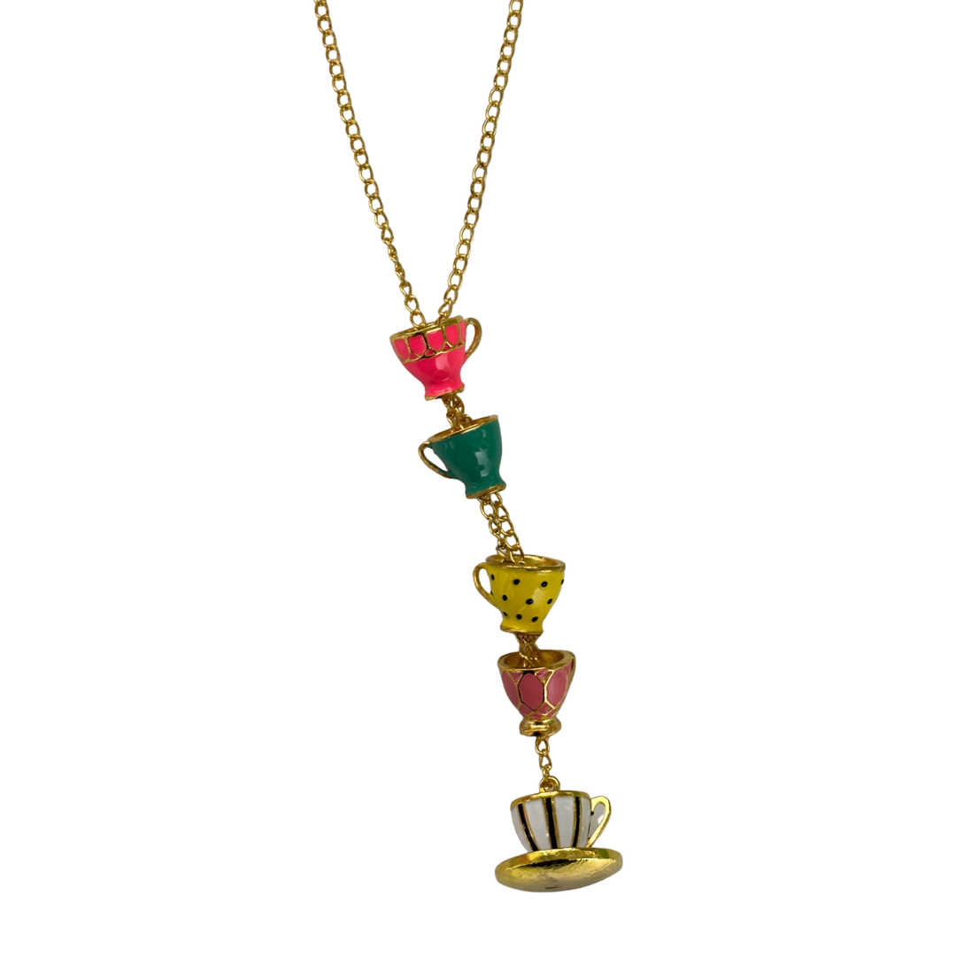 Colorful Teacups Necklace | 5 Stacked Enamel Teacup Charms | Fidget Slider | 50cm Gold Chain