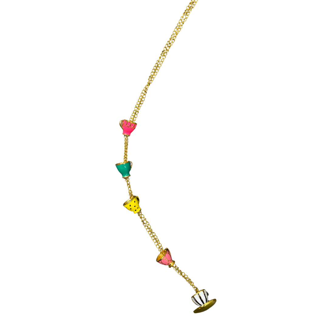 Colorful Teacups Necklace | 5 Stacked Enamel Teacup Charms | Fidget Slider | 50cm Gold Chain