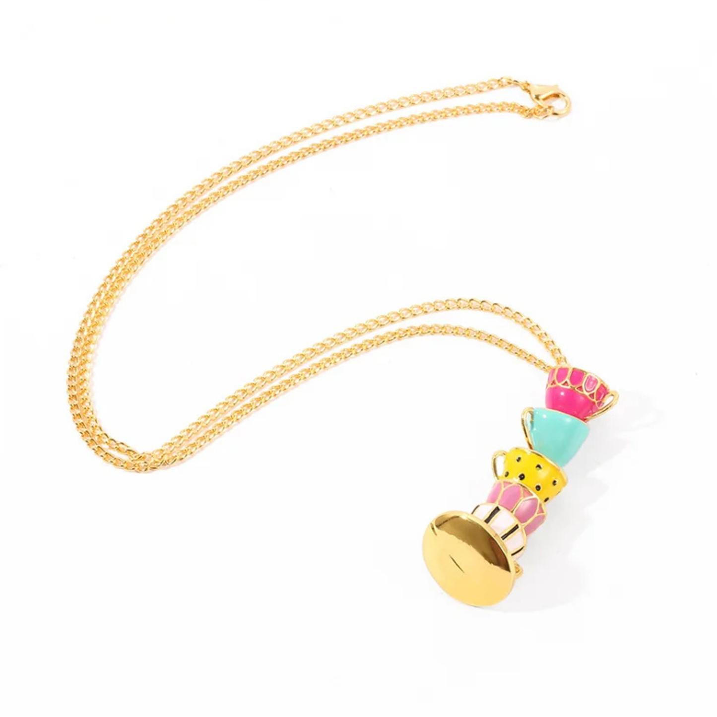 Colorful Teacups Necklace | 5 Stacked Enamel Teacup Charms | Fidget Slider | 50cm Gold Chain