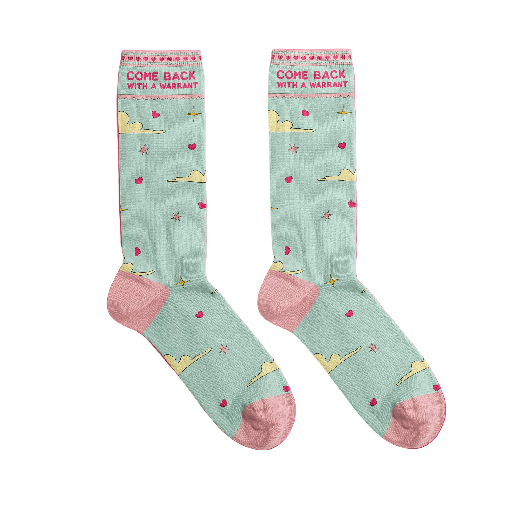 Pair of light blue socks with pink toes and heels on a white background