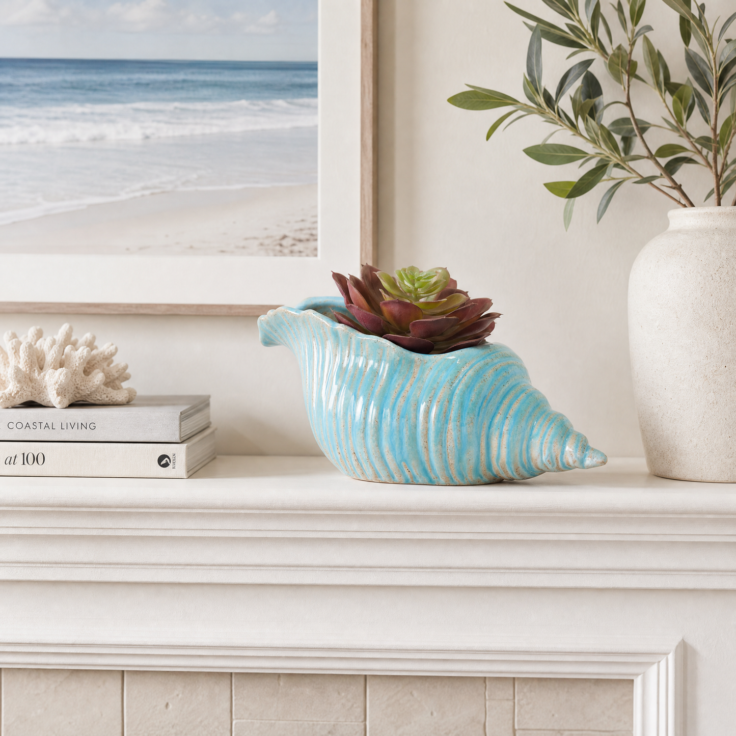 Conch Shell Planter in Beach Blue Glaze Finish