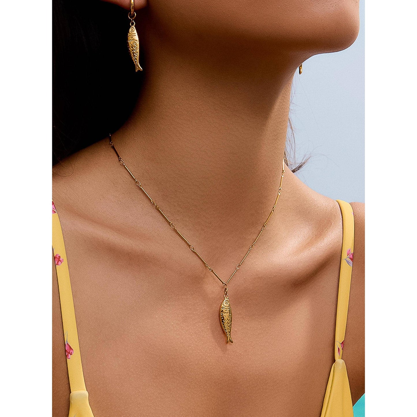 Coralie 18K Gold Non-Tarnish Fish Pendant Chain Necklace – Gold Plated Stainless Steel, Hypoallergenic