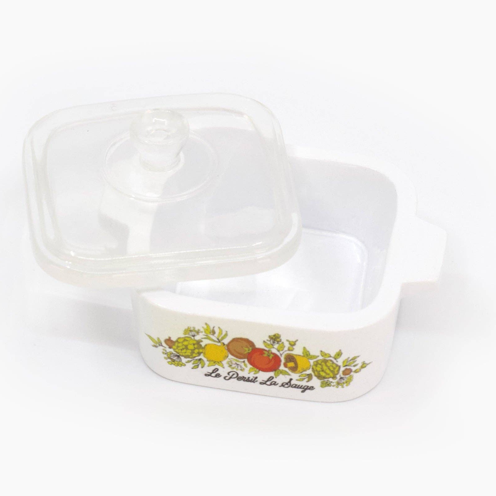 Corning Ware–Inspired Casserole white ceramic dish with floral design on a white background