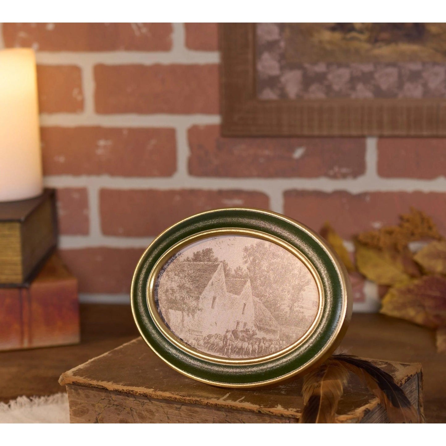 Cottage Farm Framed Art | Vintage Style Oval Shaped Desk Room Home Decor | 7.25" x 5"