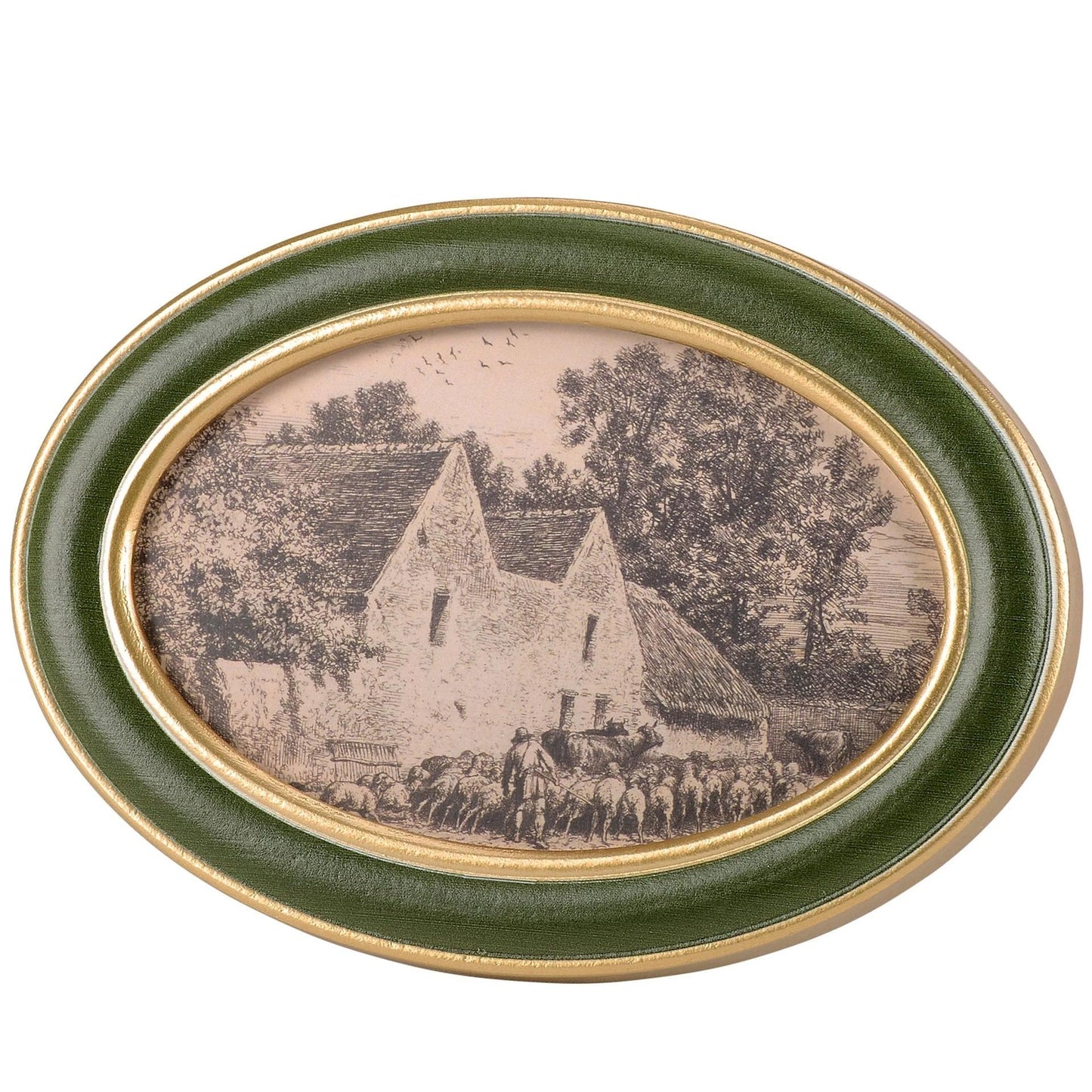 Cottage Farm Framed Art | Vintage Style Oval Shaped Desk Room Home Decor | 7.25" x 5"