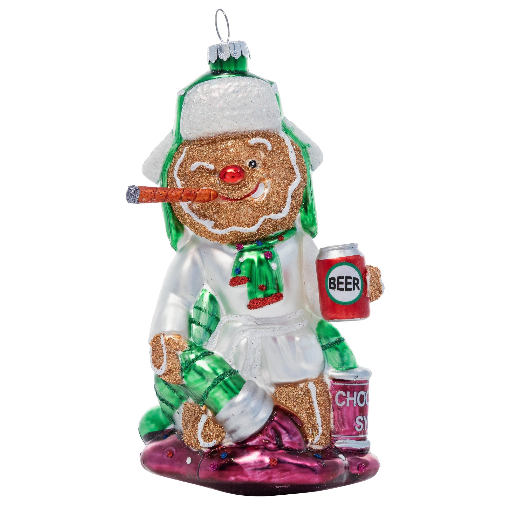 Decorative ornament of a gingerbread man with a beer can and hot chocolate.