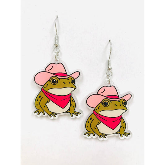Cowboy frog earrings with pink hat and pink scarf