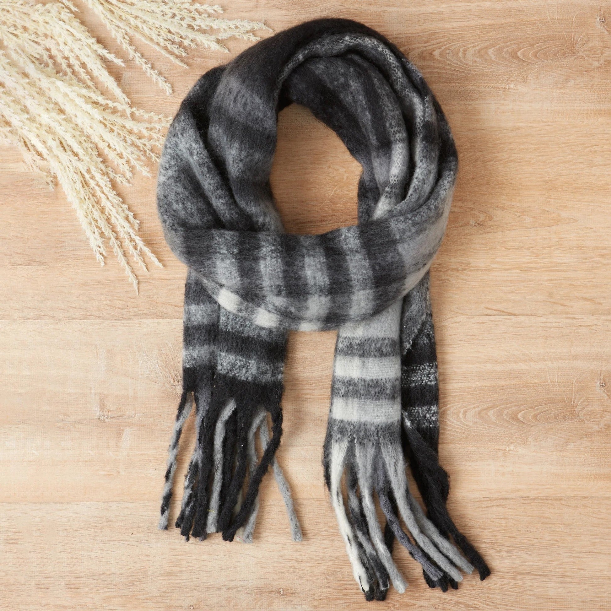 Cozy Plaid Fringe Gray Scarf | Mens / Unisex WinterClassic Plaid Pattern Scarf | 86" x 15"