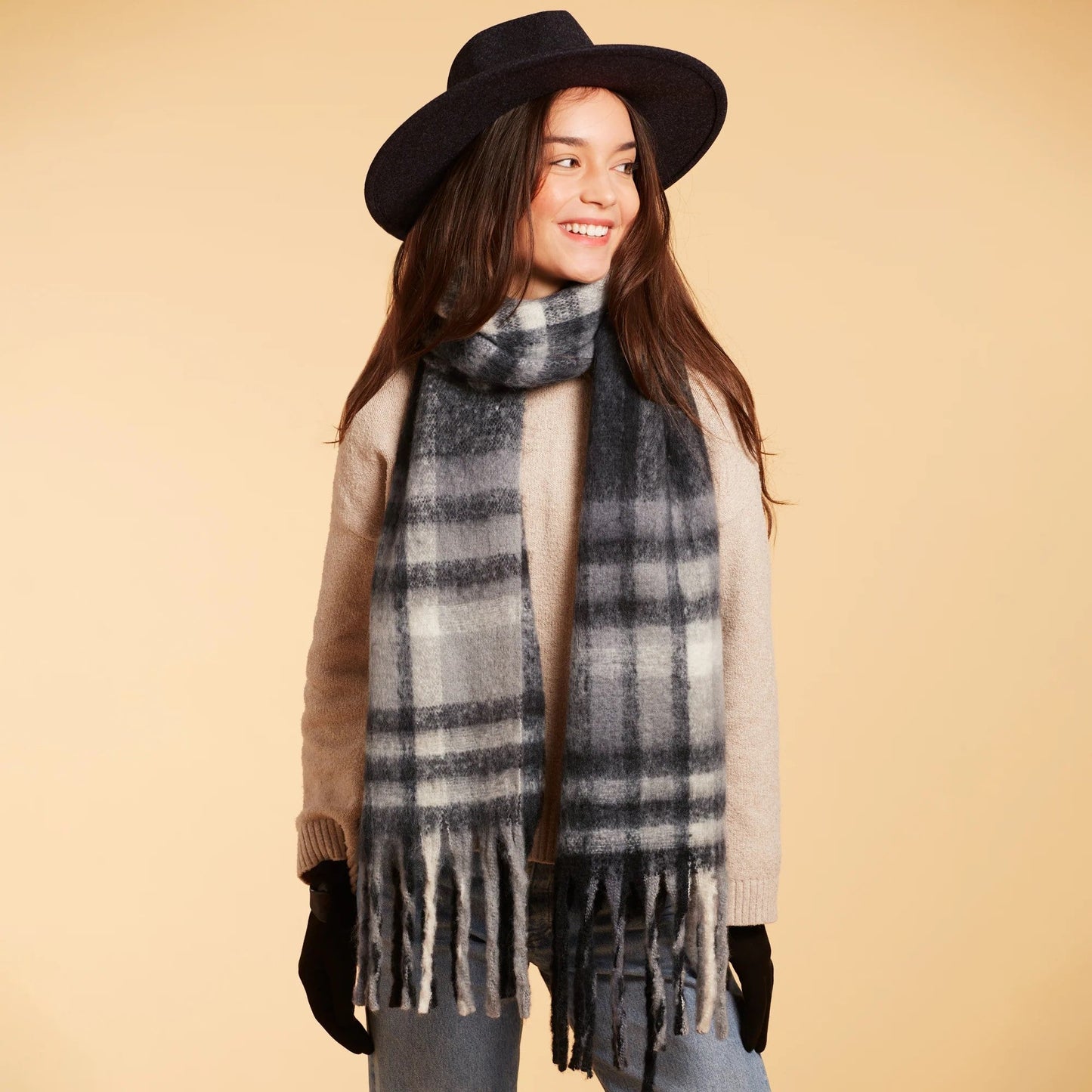 Cozy Plaid Fringe Gray Scarf | Mens / Unisex WinterClassic Plaid Pattern Scarf | 86" x 15"